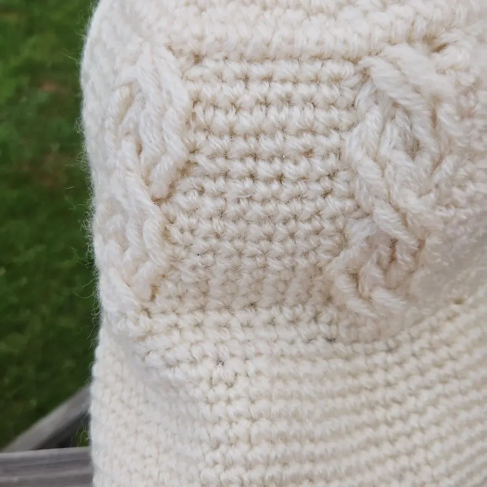 Vintage Cream Crochet Bucket Hat | Handmade Acrylic Cable Knit Style - Picture 4 of 7